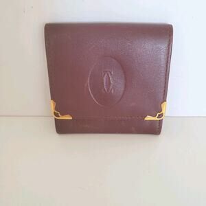 Cartier Vintage Mini Coin Holder Wallet Bordeaux Leather Small Red Burgundy